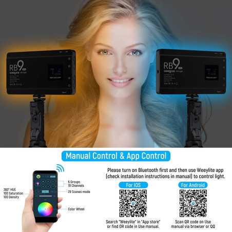 Weeylite RB9 RGB: Éclairage Vidéo LED Pro, 2500K-8500K, Contrôle App, Autonomie 2H, Kit Complet!