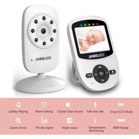 ANMEATE Moniteur Bébé Vidéo : Vision Nocturne, Audio Bidirectionnel & Température - Gardez un Œil sur Bébé en Toute Sérénité !