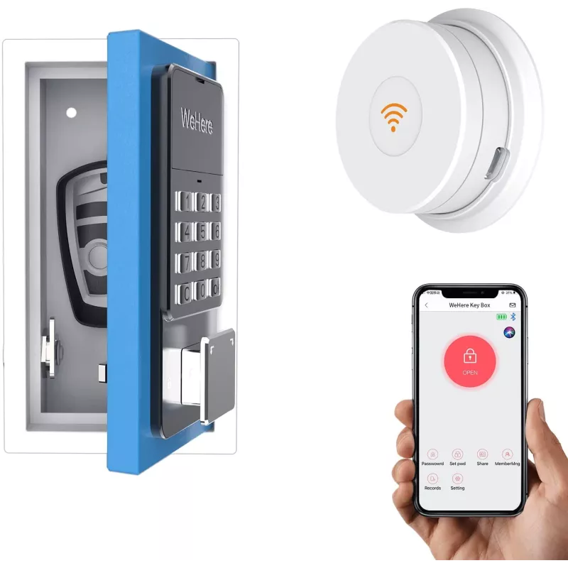 WeHere Key Lock Box use Bluetooth/One-Time Password/Fixed Code Unlock, Electronic Lock Box for House Key, Wall Mount Hide a Key