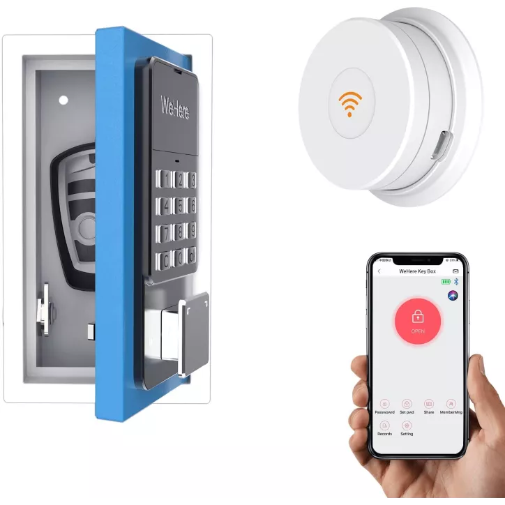 Boîte à Clés Bluetooth Sécurisée WeHere: Accès Facile et Contrôle Total! Idéal Propriétaires & Pros