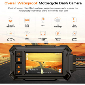 Blueskysea A12 Motorcycle Dash Cam Camera,1080p 30fps Dual Wide Angle 150° Lens Sportbike Recording DVR with 3'' Full Fit Screen