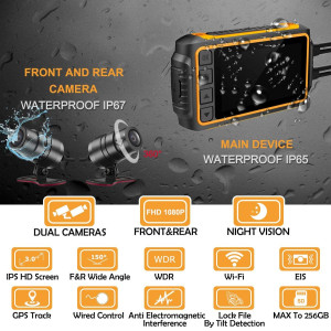 ZOMFOM Dash Cam Waterproof Recording Camera for Motorcycle, 3'' LCD Front and Rear FHD 1080P Waterproof Lens Wide Angle 150°