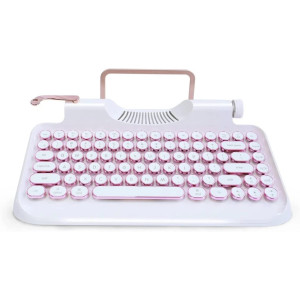RYMEK Typewriter Style Mechanical Wired & Wireless Keyboard with Tablet Stand, Bluetooth Connection (White)