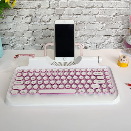 RYMEK Typewriter Style Mechanical Wired & Wireless Keyboard with Tablet Stand, Bluetooth Connection (White)