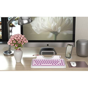 RYMEK Typewriter Style Mechanical Wired & Wireless Keyboard with Tablet Stand, Bluetooth Connection (White)