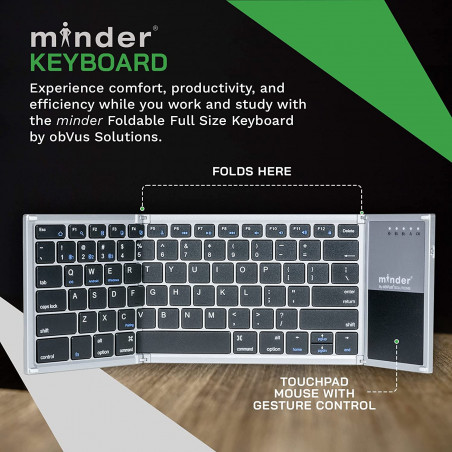 obVus Solutions - minder Foldable Keyboard, Travel Keyboard, Foldable Bluetooth Keyboard with Touchpad, Wireless Keyboard with