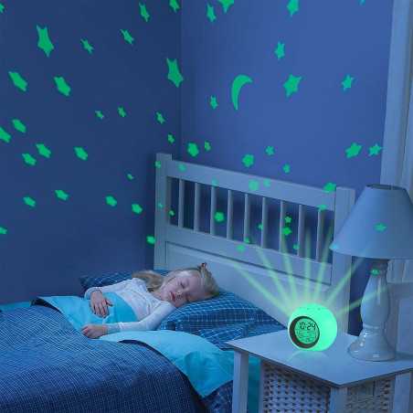 Kids Alarm Clock,Moon Stars 7 Color Changing Night Light Projector Alarm Clock,Temperature Detect for Toddler Digital Kids Alarm