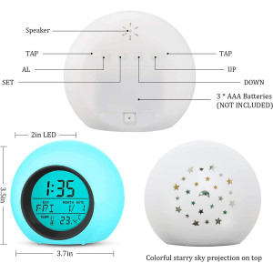 Kids Alarm Clock,Moon Stars 7 Color Changing Night Light Projector Alarm Clock,Temperature Detect for Toddler Digital Kids Alarm