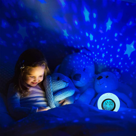 Kids Alarm Clock,Moon Stars 7 Color Changing Night Light Projector Alarm Clock,Temperature Detect for Toddler Digital Kids Alarm