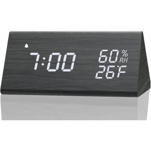 Digital Alarm Clock, with Wooden Electronic LED Time Display, 3 Alarm Settings, Humidity & Temperature Detect, Wood Made