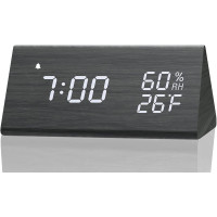 Digital Alarm Clock, with Wooden Electronic LED Time Display, 3 Alarm Settings, Humidity & Temperature Detect, Wood Made