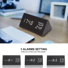 Digital Alarm Clock, with Wooden Electronic LED Time Display, 3 Alarm Settings, Humidity & Temperature Detect, Wood Made