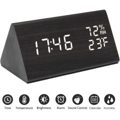 Digital Alarm Clock, with Wooden Electronic LED Time Display, 3 Alarm Settings, Humidity & Temperature Detect, Wood Made