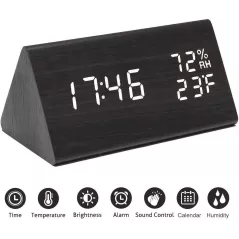 Digital Alarm Clock, with Wooden Electronic LED Time Display, 3 Alarm Settings, Humidity & Temperature Detect, Wood Made
