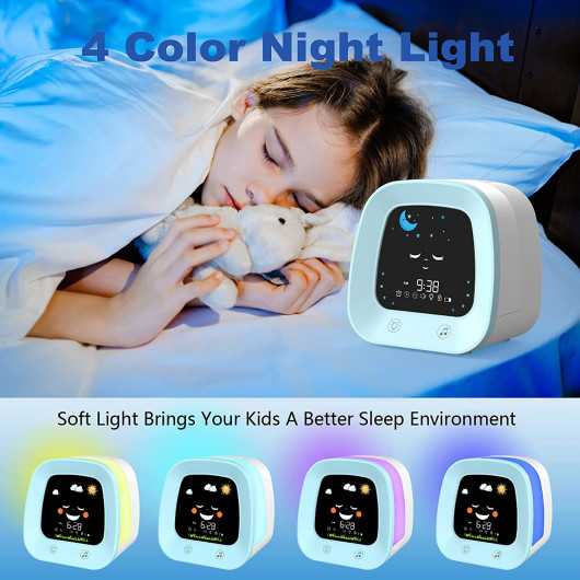 Kids Alarm Clock, Digital Wake up Clock for Bedroom, Children's Sleep Trainer, Sleep Sound Machine, 4 Color Night Light, Nap