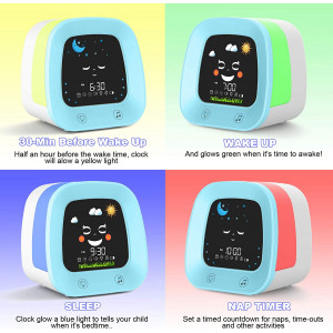 Kids Alarm Clock, Digital Wake up Clock for Bedroom, Children's Sleep Trainer, Sleep Sound Machine, 4 Color Night Light, Nap