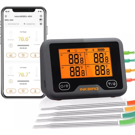 Inkbird IBBQ-4BW Thermomètre à viande WiFi avec 4 capteurs de température + support magnétique, thermomètre rechargeable USB