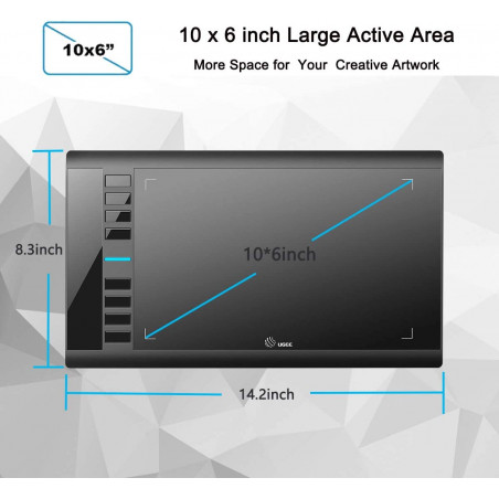 Graphics Drawing Tablet, UGEE M708 10 x 6 inch Large Drawing Tablet with 8 Hot Keys, Passive Stylus of 8192 Levels Pressure,