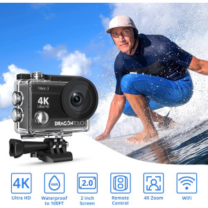 Dragon Touch 4K Action Camera 16MP Vision 3 Ultra HD Underwater 100FT Waterproof Action Camera 170° Wide Angle 4X Zoom Sports