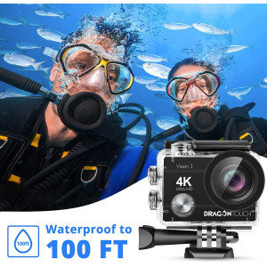 Dragon Touch 4K Action Camera 16MP Vision 3 Ultra HD Underwater 100FT Waterproof Action Camera 170° Wide Angle 4X Zoom Sports