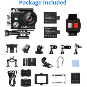 Dragon Touch 4K Action Camera 16MP Vision 3 Ultra HD Underwater 100FT Waterproof Action Camera 170° Wide Angle 4X Zoom Sports