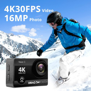 Dragon Touch 4K Action Camera 16MP Vision 3 Ultra HD Underwater 100FT Waterproof Action Camera 170° Wide Angle 4X Zoom Sports