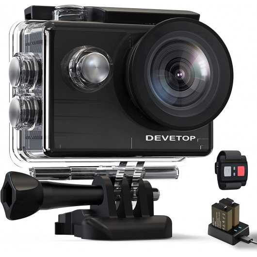 DEVETOP 4K Action Camera - 20MP, Waterproof, Wide Angle with External Mic