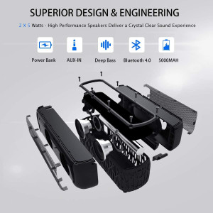 ABFOCE Solar Bluetooth Speaker Portable Outdoor Bluetooth IPX6 Waterproof Speaker with 5000mAh Power Bank,60 Hours Play Time
