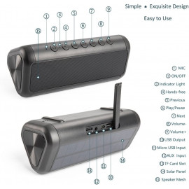 Enceinte Bluetooth Solaire - 5000mAh, 50H d'Autonomie, Étanche IPX6