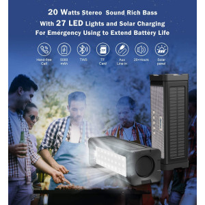 ABFOCE Solar Bluetooth Speaker,IPX7 Waterproof Speaker 20W Rich Bass,with 27 LEDs Lights TWS Wireless Speaker Bluetooth