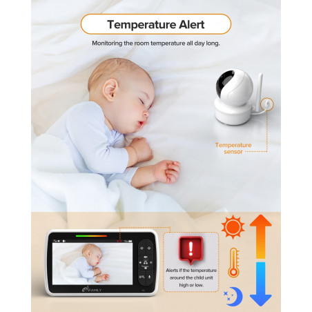 Moniteur bébé – Moniteur vidéo grand écran 5" avec télécommande Pan-Tilt-Zoom | Vision nocturne infrarouge, affichage de la