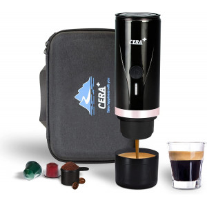 CERA+ Portable Mini Espresso Machine, 12V/24V Rechargeable Car Coffee Maker with Self-Heating, 20 Bar Pressure Compatible with