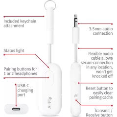 Twelve South AirFly Pro | Wireless Transmitter/Receiver with Audio Sharing for up to 2 AirPods/Wireless Headphones to Any Audio