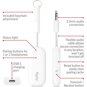 Twelve South AirFly Pro | Wireless Transmitter/Receiver with Audio Sharing for up to 2 AirPods/Wireless Headphones to Any Audio