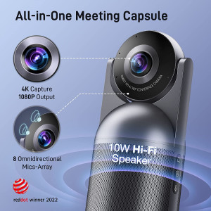 EMEET Meeting Capsule, 4K Captured 1080P Output 360° Conference Room Webcam 8 Mics and 10W Speaker, 5 Video Modes, AI
