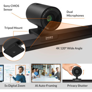 Innex Cube 4K AI-Powered Panoramic 360° Video Conference Camera, Smart Webcam with Dual-Microphones, Ultra-Wide Angle, AI