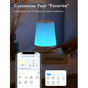 Momcozy Sound Machine: Ultimate Sleep Aid with Soothing Sounds & Personal Timer, featuring a smart speaker with a purple light.