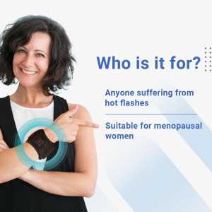 A woman holding a smartphone with a KÜLKUF Cooling Wristband, providing instant relief from hot flashes and improved sleep.