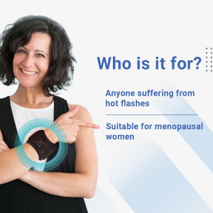 A woman holding a smartphone with a KÜLKUF Cooling Wristband, providing instant relief from hot flashes and improved sleep.