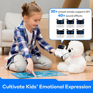 A person holding a smart phone while standing next to an Interactive Codey Rocky Robot by Makeblock.