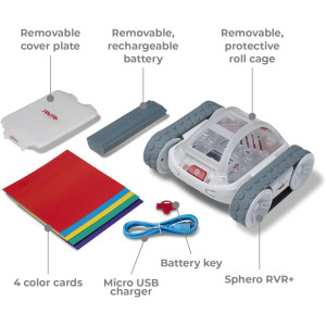 A programmable toy robot car with wheels and a red light, Sphero RVR+: Expandable and customizable for all ages.
