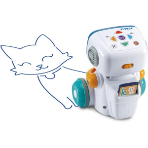 Blue-faced toy robot with blue and white body, a Creative Companion: VTech JotBot Drawing & Coding Robot for Kids.