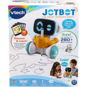 Toy robot with blue face and blue/white body, part of the Creative Companion: VTech JotBot Drawing & Coding Robot for Kids.