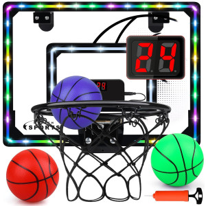 Enjoy action-packed fun with basketball hoop, ball, and two balls in Indoor Basketball Arcade Game with Light-Up Scoreboard.