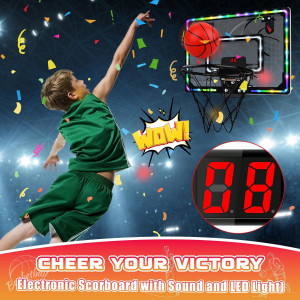 Indoor Basketball Arcade Game offers basketball hoop, ball, and two balls for exciting play with Light-Up Scoreboard.