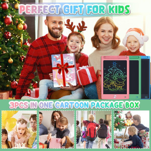 Children using FLUESTON 3-Pack LCD Writing Tablets, drawing on screens featuring dinosaur, unicorn, and whale designs.