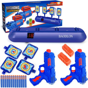 Kids' foam dart game set with blue and orange Nerf gun and two interactive targets.