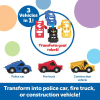 Child playing with toy fire truck and car from Switcheroo Coding Crew by Learning Resources.