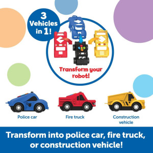 Child playing with toy fire truck and car from Switcheroo Coding Crew by Learning Resources.