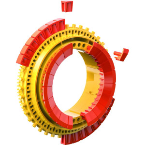 A green and white LEGO robot, part of Snap Circuits Teach Tech Mech 5, a coding robot for kids.